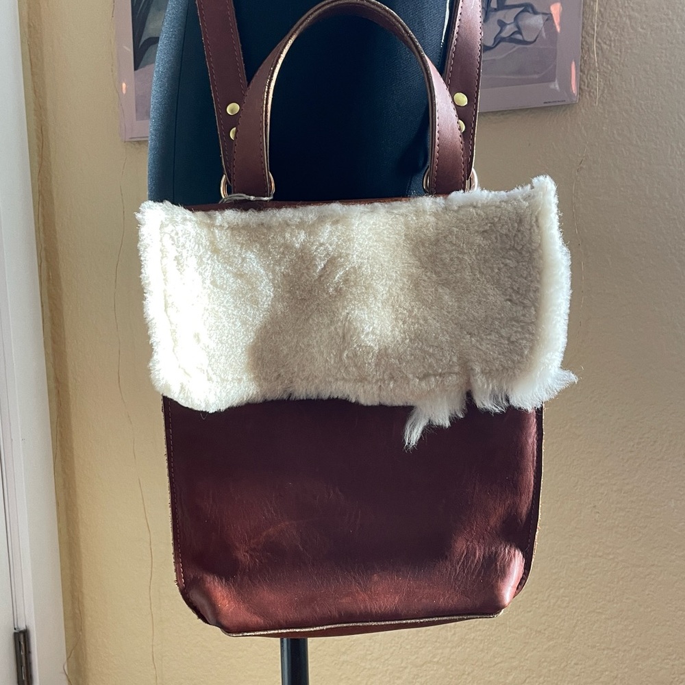 Genuine Leather Brown Crossbody Satchel Bag with Shearling Fur Trim